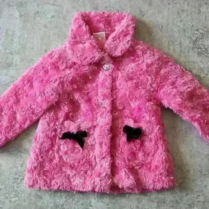 Cutie pie pink fluffy coat  gemstone heart buttons front pockets US 6-9 months